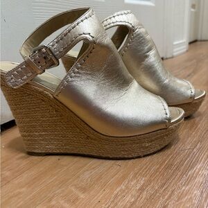 Marc Fisher Metallic Gold Peep Toe Wedges
